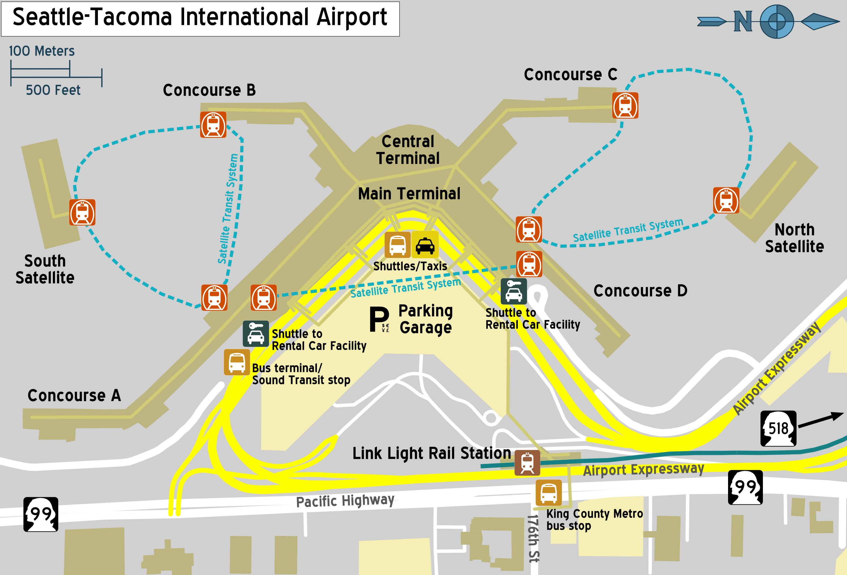 Map of the Seattle-Tacoma International Airport terminal, showing taxi service in the parking garage